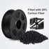 A black spool of SUNLU Carbon Fibre PLA 1.75mm Filament 1kg Spool is shown alongside a small mound of black pellets and a printed 3D object. Text on the image reads, "Filled with 20% Carbon Fiber, offering enhanced mechanical properties.