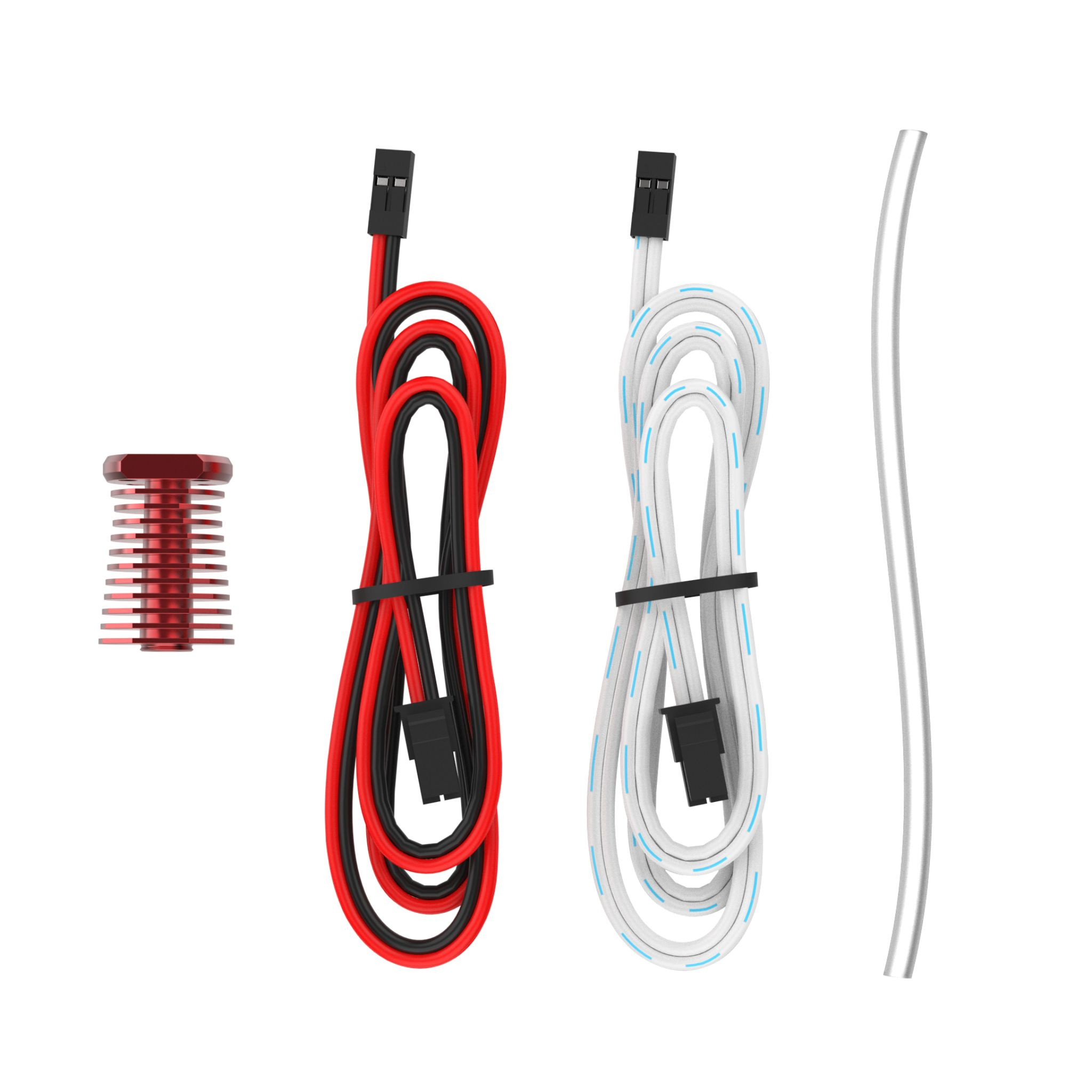 A set of electronic components including a small red cylindrical module with multiple ridges, a black and red twisted wire, a white and light blue twisted wire, and a single clear tube. Ideal for Voron 3D printer assembly, each wire is bundled with a black fastener. The E3D Voron Coldside by E3D is perfect for this setup.