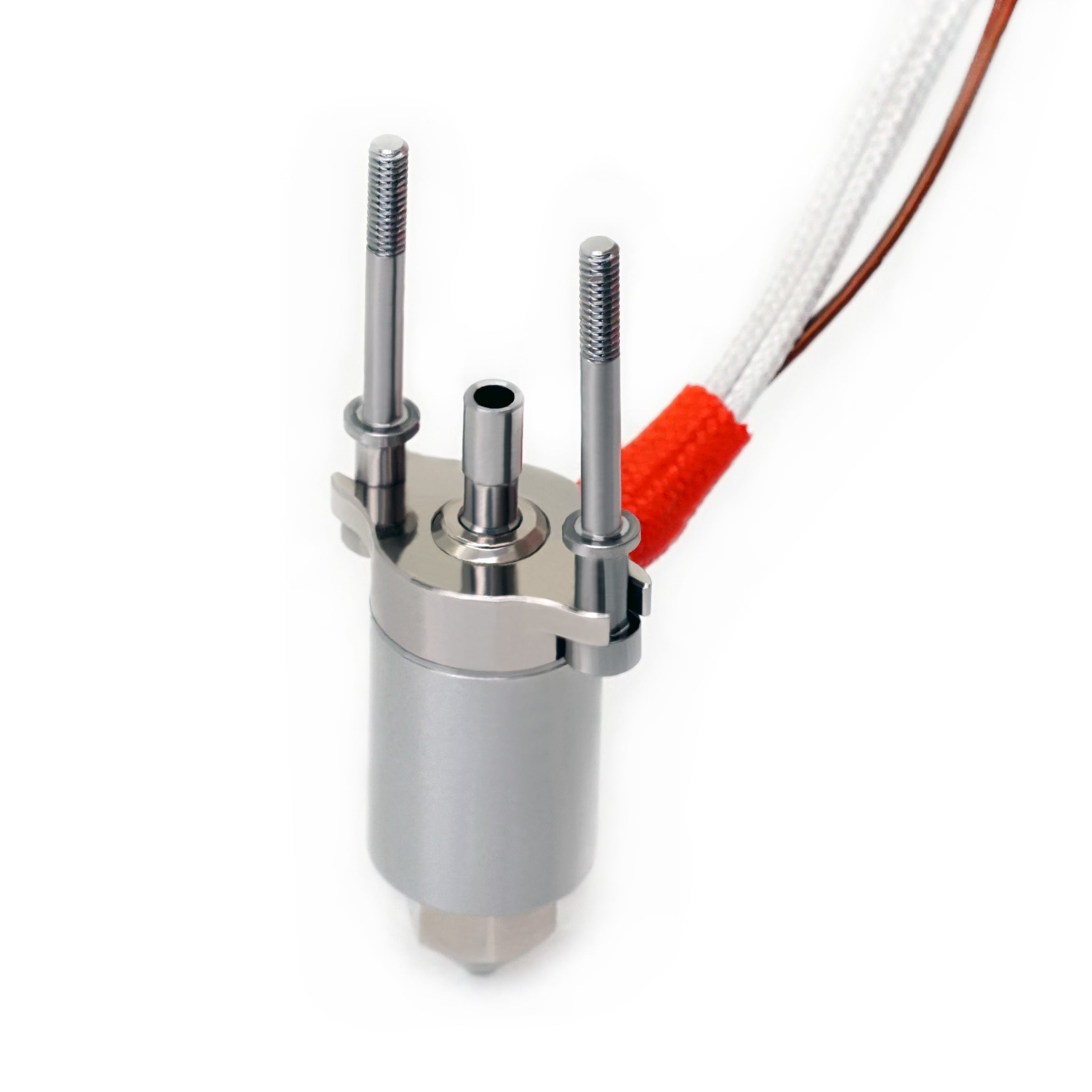 A precision-engineered metal component with two threaded rods, a central cylinder, and attached insulated wires against a white background. This Micro Swiss Micro Swiss FlowTech Hotend for Creality K1 appears to be part of a mechanical or electrical device, possibly incorporating a leak-proof nozzle for enhanced performance.
