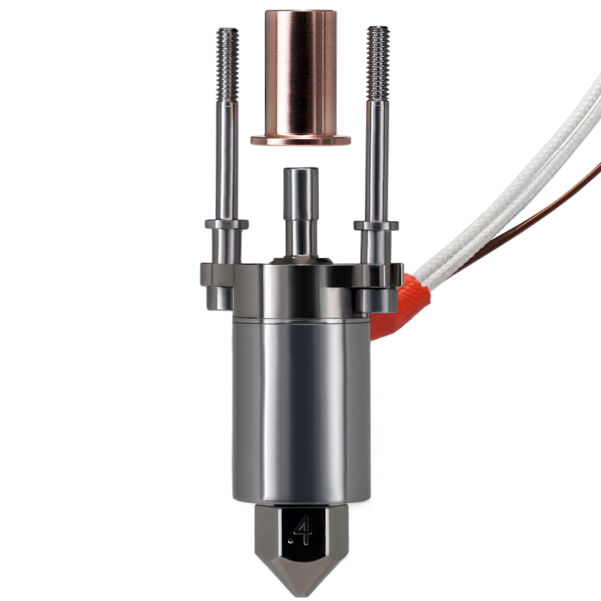 A metallic cylindrical device with two vertical screws and a copper component above it, featuring a leak-proof nozzle. The device has electrical wires extending from the right side, and it ends with a tapered, pointed tip at the bottom. This is the Micro Swiss FlowTech Hotend for Creality K1 from Micro Swiss.
