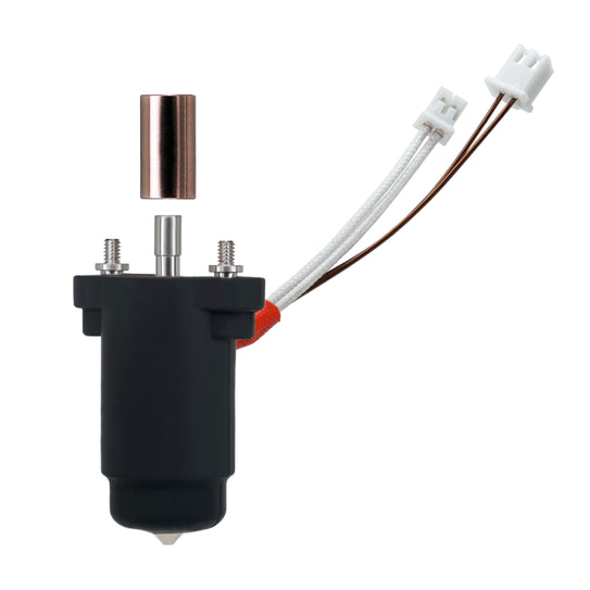A black and silver motor with connected white and brown wires terminated with white connectors. A separate cylindrical metal component, specifically the Micro Swiss FlowTech Hotend for Creality Ender 3 V3 KE, is positioned above the motor and in line with its axis.
