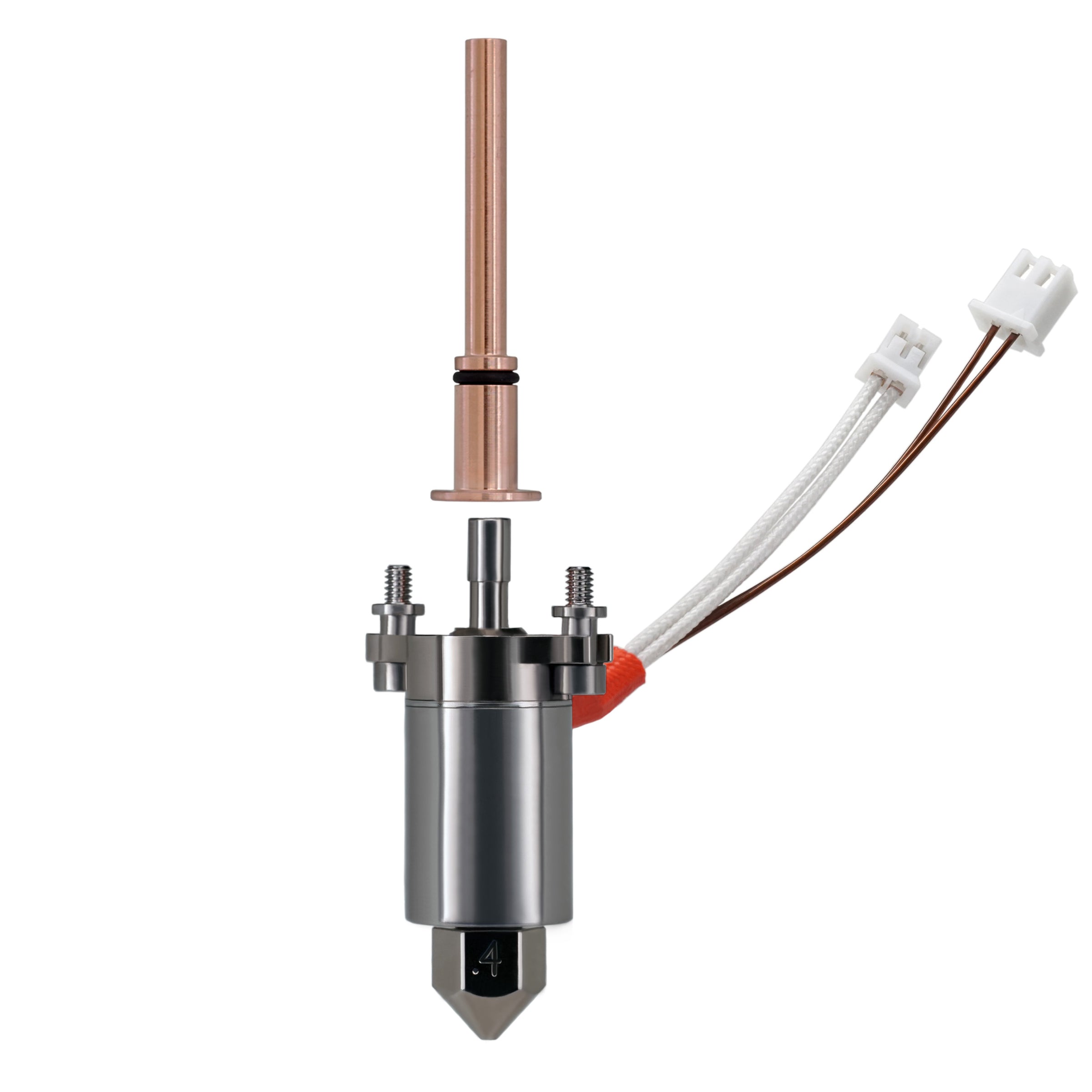 A Micro Swiss FlowTech Hotend for Creality K1C with electrical wires, featuring a cylindrical body, a cone-shaped tip, and an extended copper rod on top. The Leak-Proof Nozzle ensures precision while white connectors are attached to the wires. The Micro Swiss component also has screws for securing parts, making it compatible with the Creality K1C.

