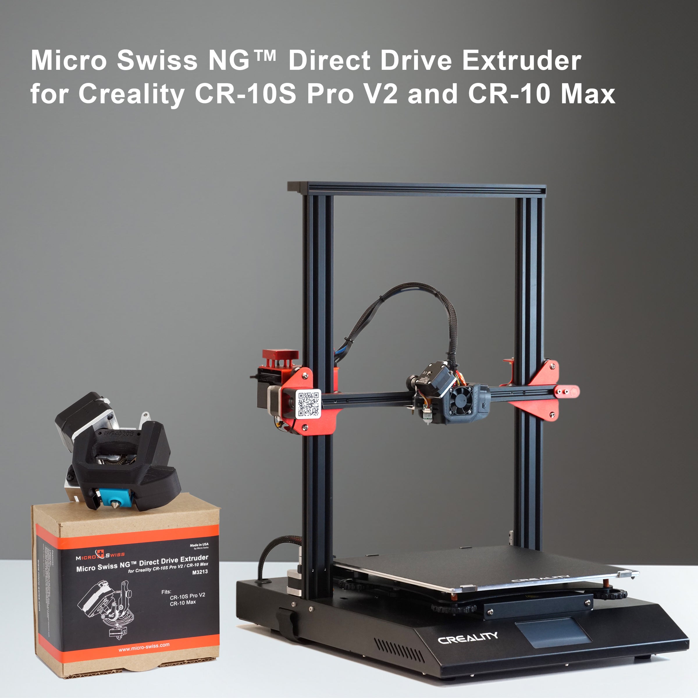A Creality 3D printer with a Micro Swiss NG Direct Drive Extruder is displayed, featuring an All Metal Hotend for enhanced performance. Next to it is a box labeled "Micro Swiss NG Direct Drive Extruder for Creality CR-10S Pro V2 and CR-10 Max," showcasing an image of the extruder.