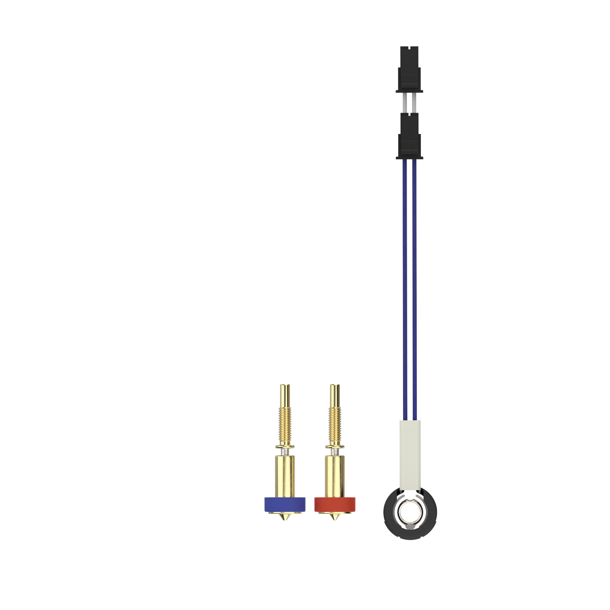 An image of an electronic component with two connectors: one has a blue base and the other has a red base. Both have gold-colored pins. The setup resembles an E3D Revo HotSide Starter Pack with a brass E3D nozzle. There is also a connected wire assembly with black connectors at both ends and a white ring near one end.