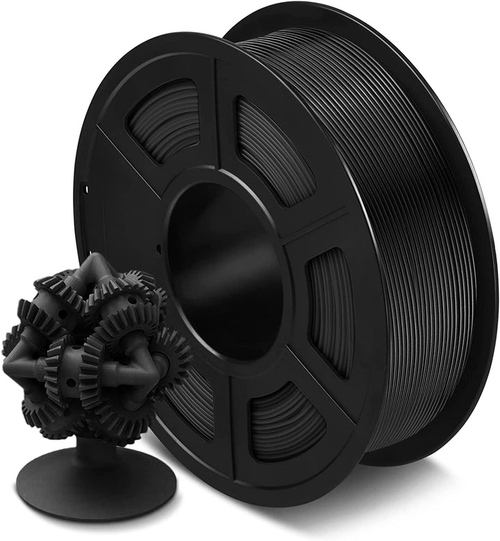 A large spool of black SUNLU ASA 1.75mm Filament 1kg Spool, known for its UV resistance, is shown alongside a complex geometric object made of interlocking black gears, which demonstrates the capabilities of this durable 3D printing material. The items are placed against a plain white background.
